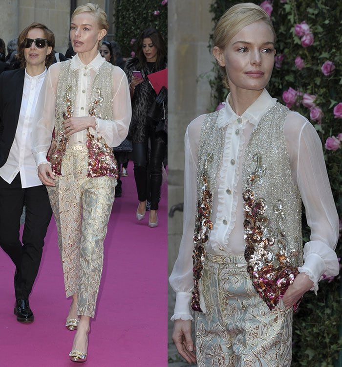 Kate Bosworth wears a sheer-and-sequined Schiaparelli ensemble to Paris Fashion Week