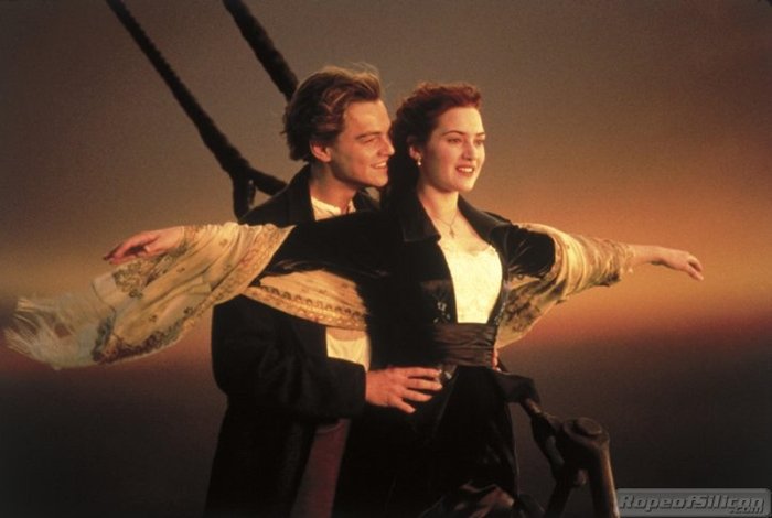 Rose DeWitt Bukater (Kate Winslet) says she's flying while leaning into the wind with Jack Dawson (Leonardo DiCaprio) at the bow of the Titanic