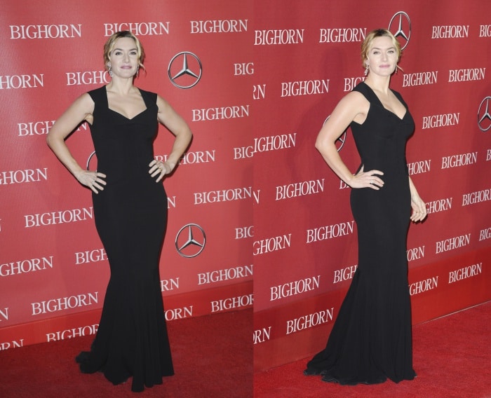 Kate Winslet stuns in a figure-hugging black Roland Mouret gown with signature pleated details at the Palm Springs International Film Festival