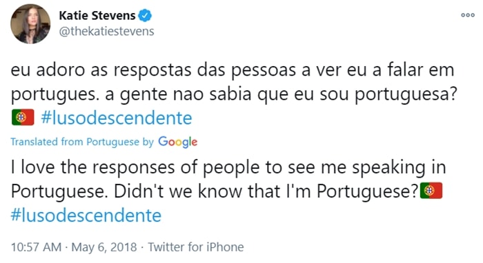 Katherine Mari Stevens proves she is Portuguese on Twitter