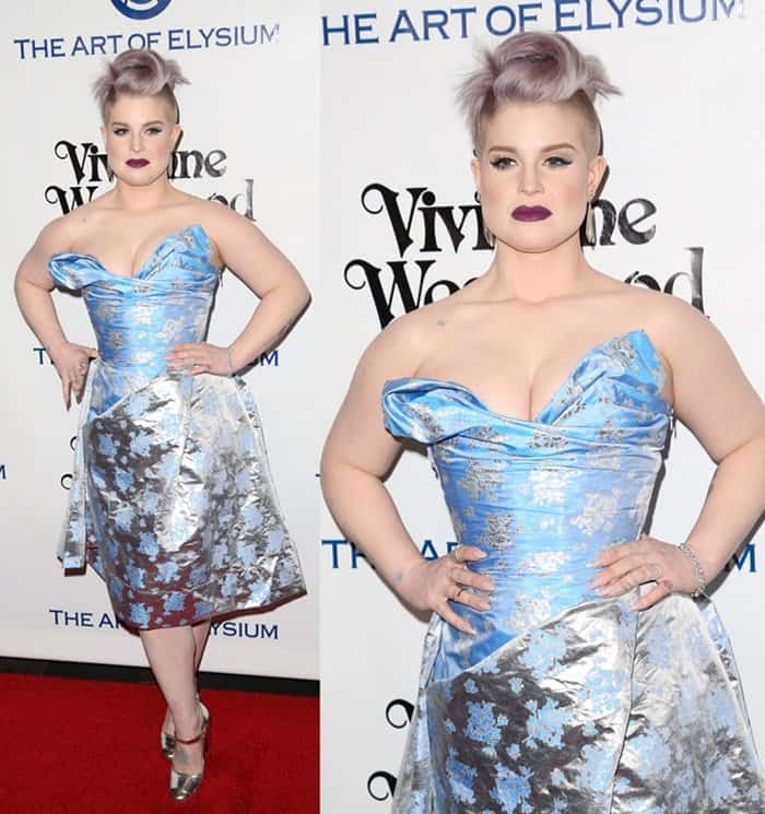 Kelly Osbourne in a strapless wraparound Westwood midi dress with a blue and silver floral-print design at The Art of Elysium presents Vivienne Westwood and Andreas Kronthaler 2016 HEAVEN Gala