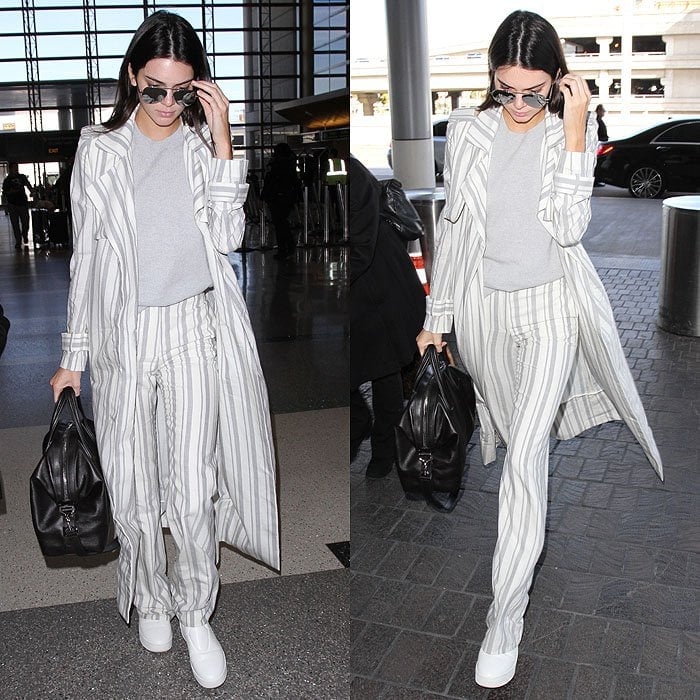 Kendall Jenner wears white shoes at Los Angeles International Airport (LAX)