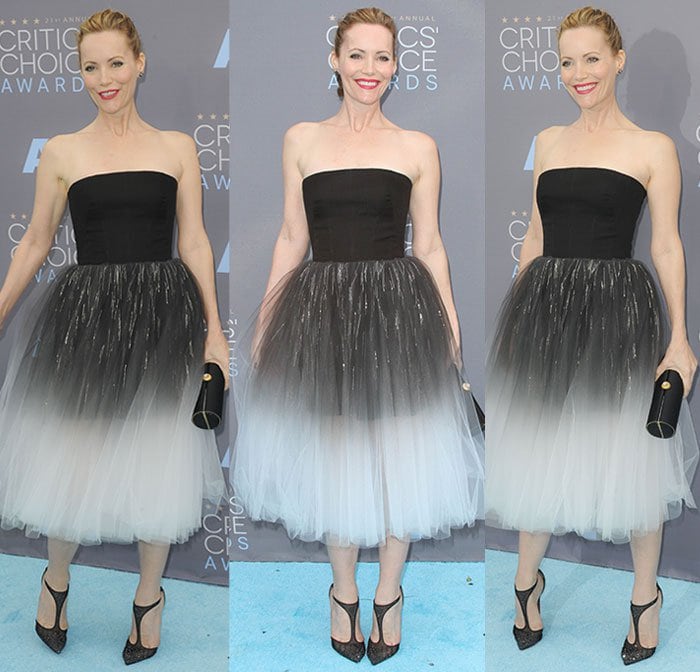 Leslie Mann shows off her toned arms and shoulders in a strapless Monique Lhuillier dress