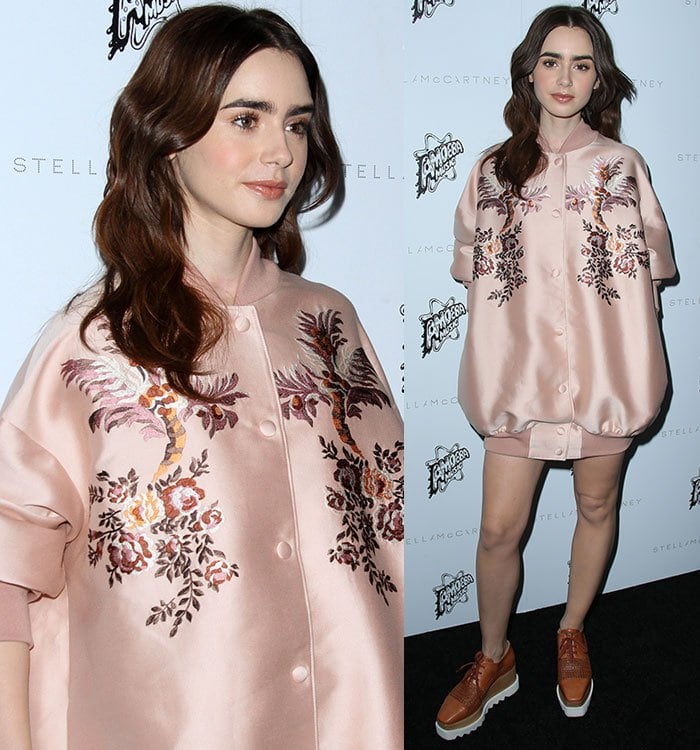 Lily Collins pairs a silk bomber jacket with a pair of oxford platforms
