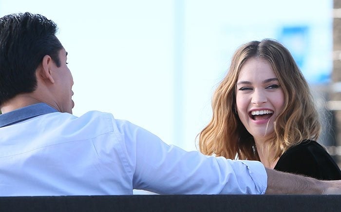 Lily James arrives at Universal Studios for an interview with Mario Lopez