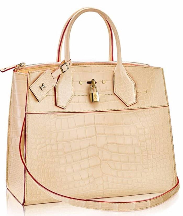 Louis Vuitton's City Steamer tote features exotic crocodile skin, a gold LV engraved padlock, a detachable leather name tag, and a removable strap