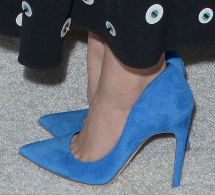 Lucy Hale's feet in blue suede Rupert Sanderson pumps