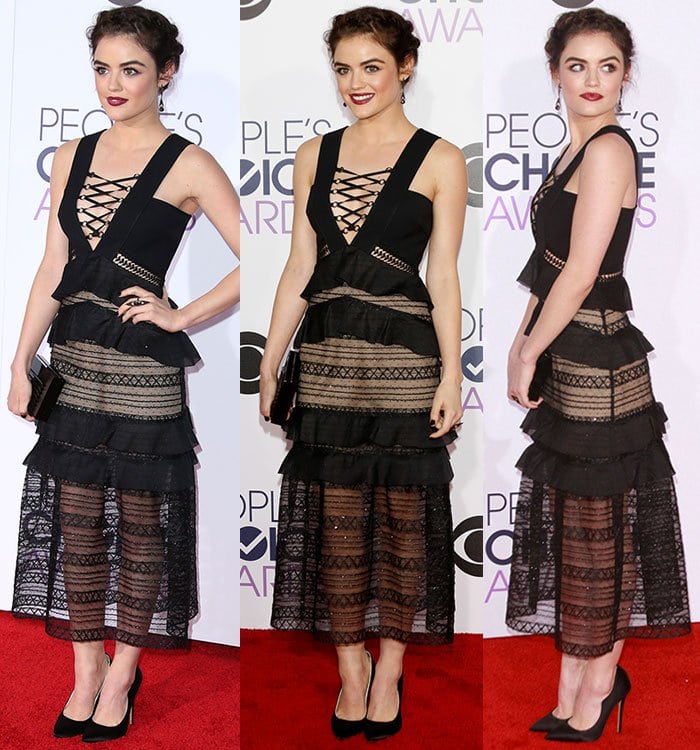 Lucy Hale styles her black Self-Portrait dress with a pair of Brian Atwood heels