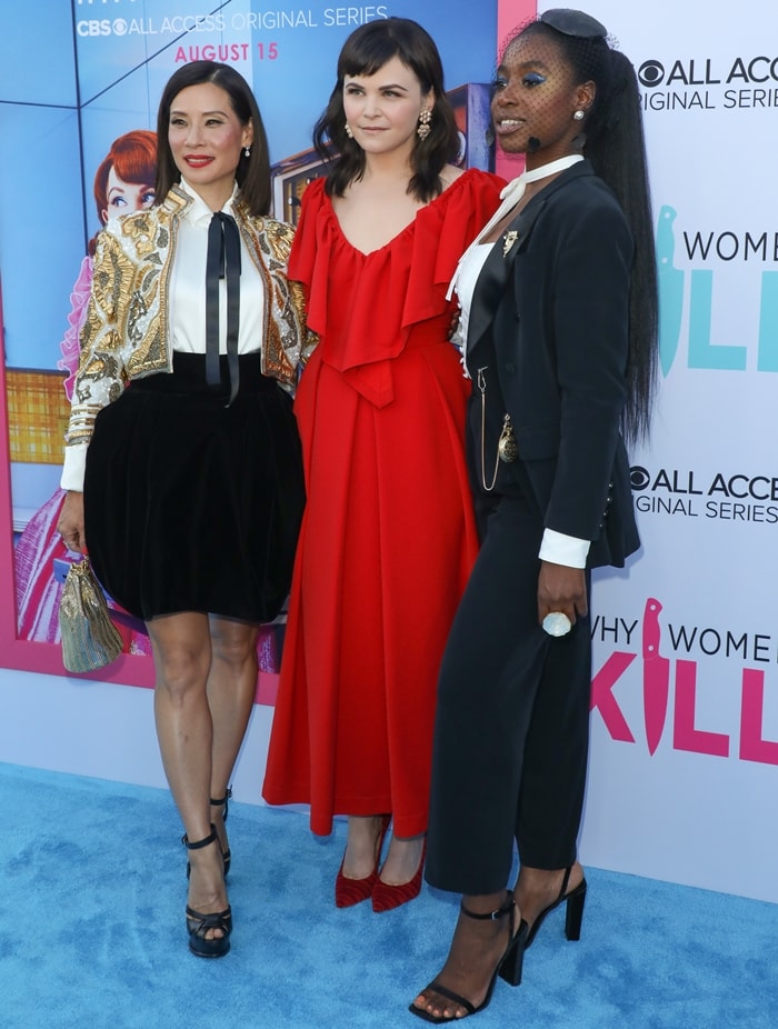 Lucy Liu, Ginnifer Goodwin, and Kirby Howell-Baptiste on the blue carpet while attending the premiere of their new series Why Women Kill