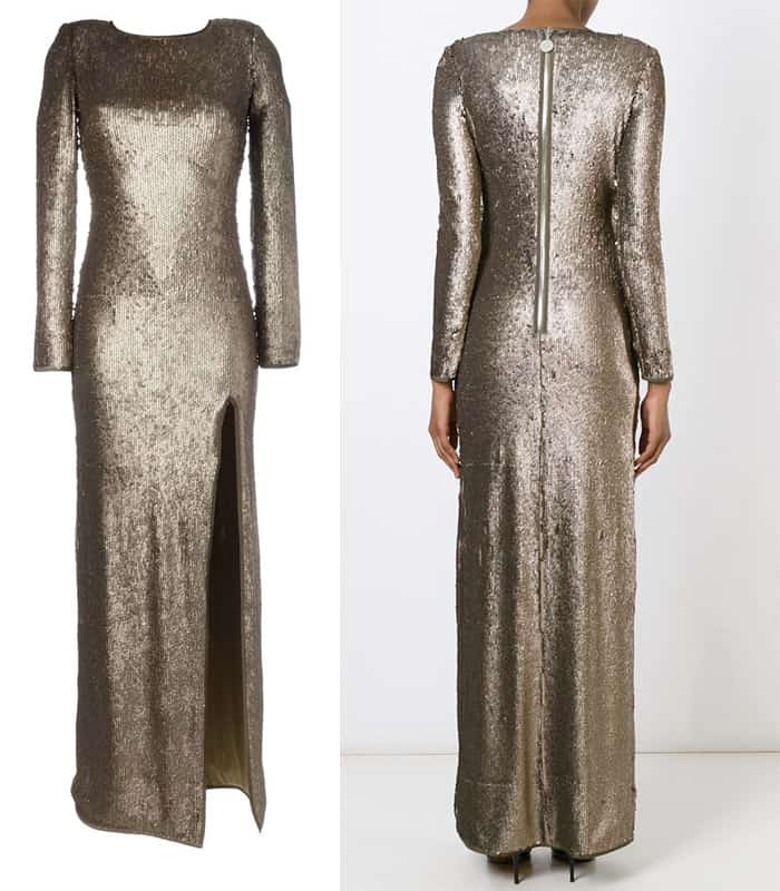 Maria Lucia Hohan Metallic Long Sleeve Evening Dress with a Front Slit