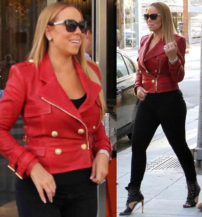 Mariah Carey in Red Leather Jacket, Black Jeans, and Minka ...