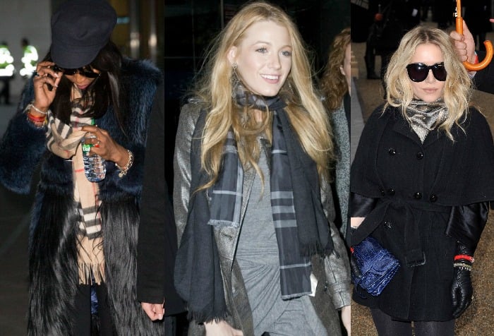 Celebrity Elegance in Burberry: Naomi Campbell, Blake Lively, and Mary-Kate Olsen showcasing iconic Burberry scarves at high-profile events