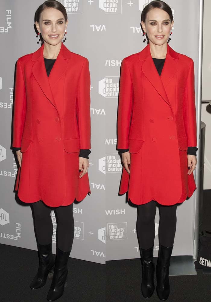 Natalie Portman wears a red coat dress by Christian Dior to the New York Jewish Film Festival