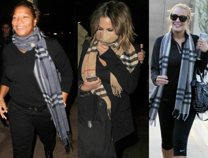 Hollywood Glamour in Burberry: Queen Latifah, Carolyn Flack, and Lindsay Lohan sporting the brand's signature scarves