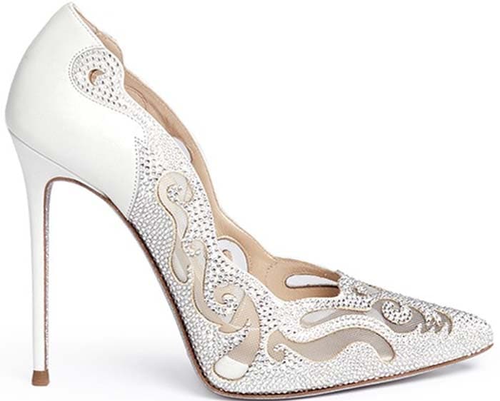 Rene Caovilla Mesh Suede Crystal Pumps White