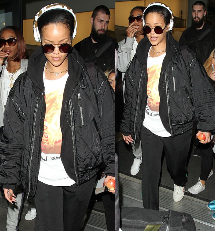 Rihanna covers her eyes with a pair of Sunday Somewhere sunglasses as she arrives at LAX