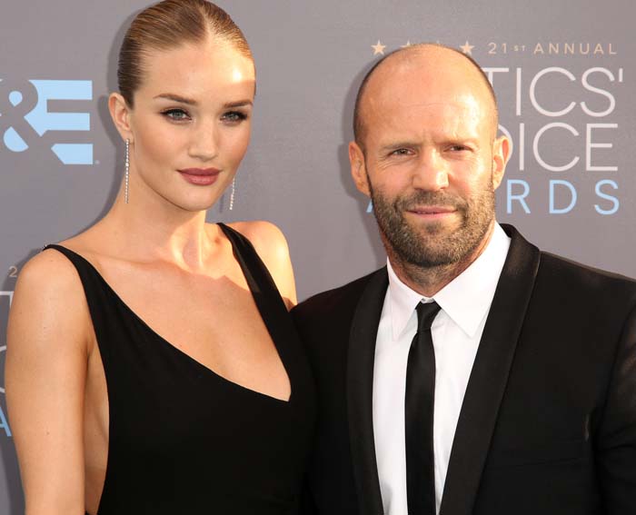 Rosie Huntington-Whiteley poses with fiancé Jason Statham at the 21st Annual Critics' Choice Awards