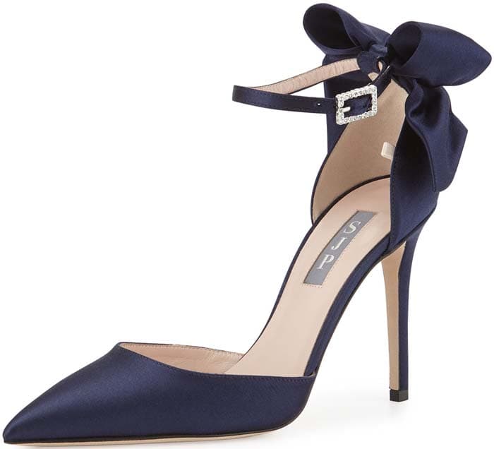 SJP by Sarah Jessica Parker "Trance" Satin Bow Ankle-Wrap Pump in Navy