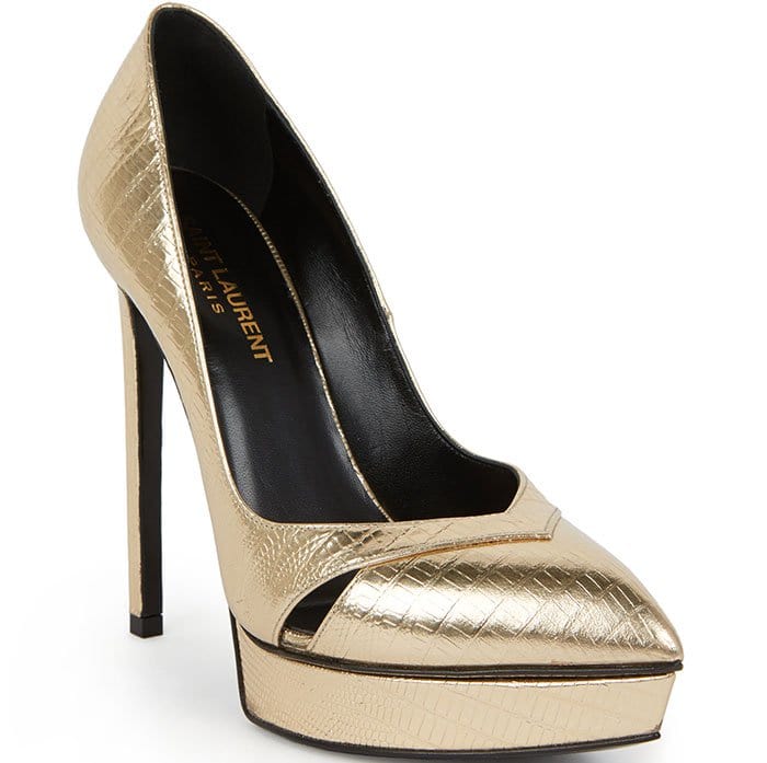 Saint Laurent "Janis" Cutout Metallic Lizard-Embossed Leather Platform Pumps