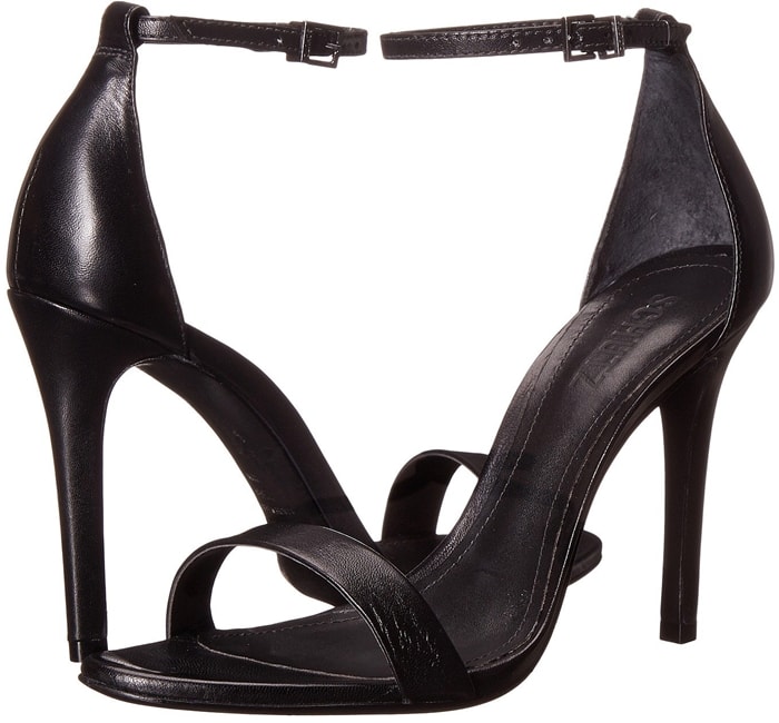 An elegant high-heel sandal features simple styling and a slim ankle strap