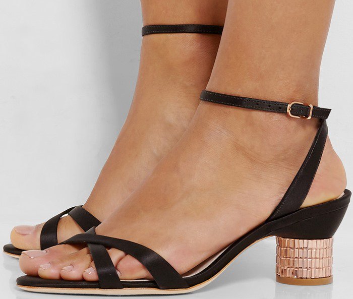 Sophia Webster's Belle sandals are crafted from black suede with elegant crossover straps and decorated with a multicolored crystal-embellished heel for subtle sparkle