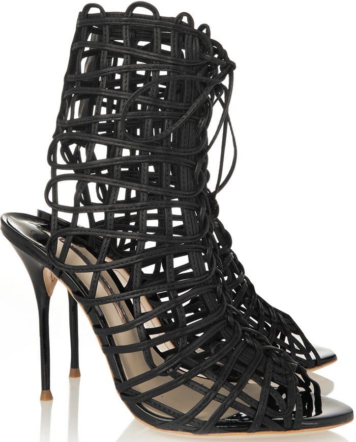 These black lace-up sandals are crafted from strips of supple black leather woven into an intricate caged silhouette