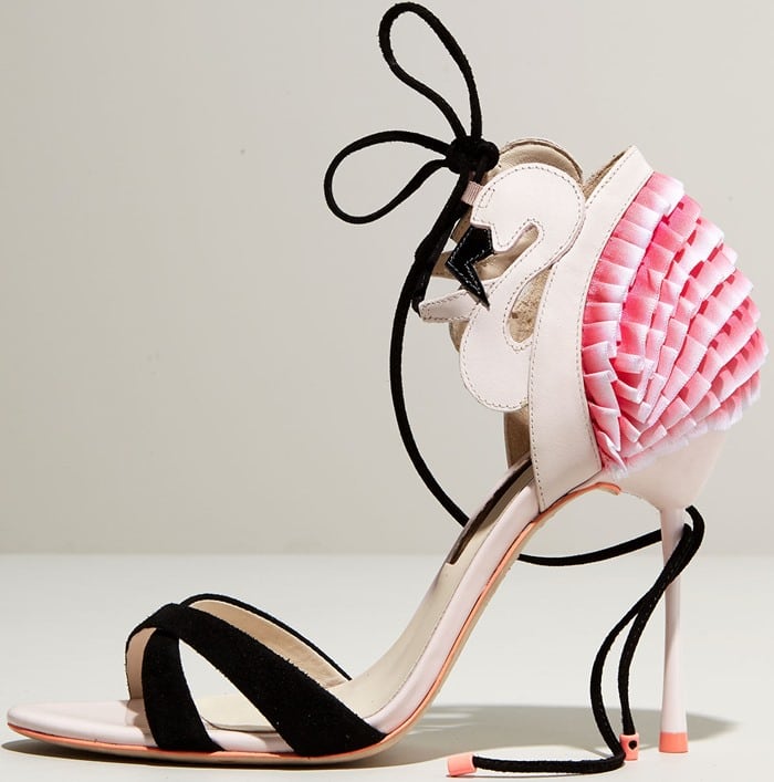 These pastel-pink leather sandals feature cutouts in the shape of a flamingo, complete with ombré satin ruffles at the heel to mimic feathers