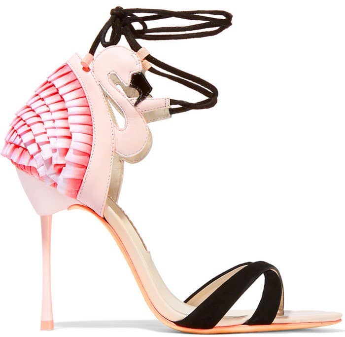 Flaunting its frilled pink plumage and perched on a fluted pin heel, a long-neck flamingo creates the statement heel of a lace-up sandal from Sophia Webster with seriously playful appeal