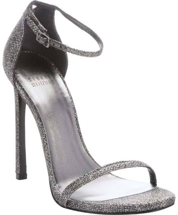 Stuart Weitzman Pewter Glitter Lamé "Nudist" Stiletto Sandals