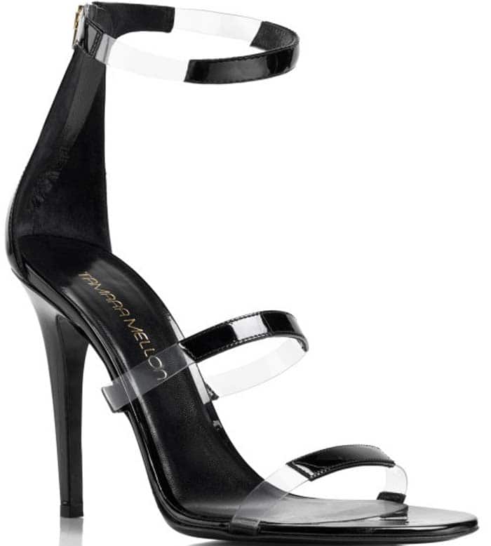 Tamara Mellon "Frontline" Sandals in Black Patent