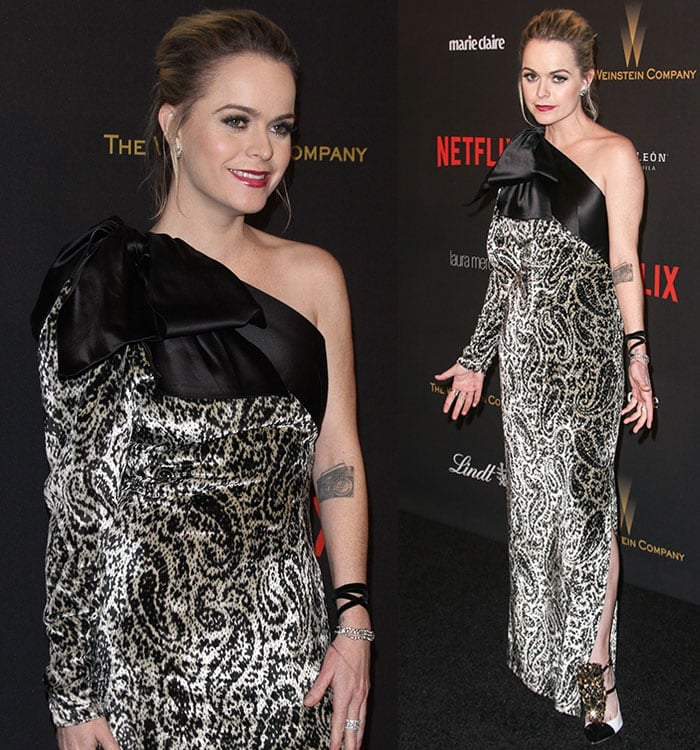 Taryn Manning shows off her arm tattoo in an unflattering Paisley-print Lanvin gown