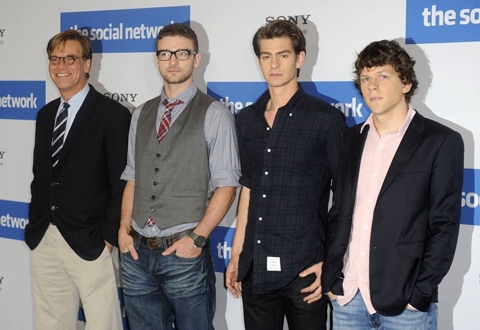 American screenwriter Aaron Sorkin, Justin Timberlake, Andrew Garfield, and Jesse Eisenberg attend a photocall to promote the film 'The Social Network'