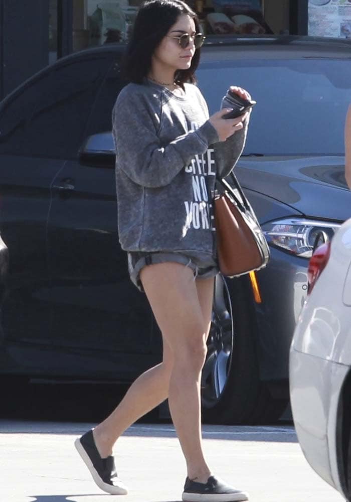 Vanessa Hudgens wears a 2nostalgik sweater and shorts for a sushi lunch date