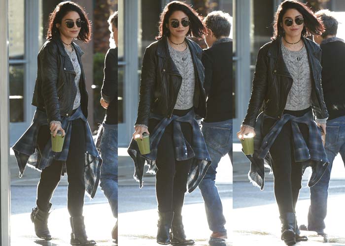 Vanessa Hudgens casually wears a flannel around her waist