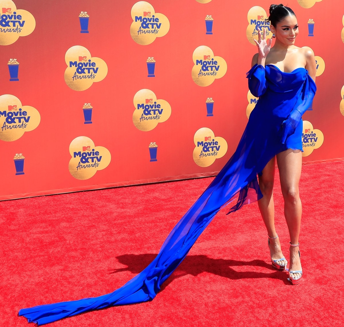 Vanessa Hudgens in a custom blue off-the-shoulder Vera Wang dress at the 2022 MTV Movie & TV Awards