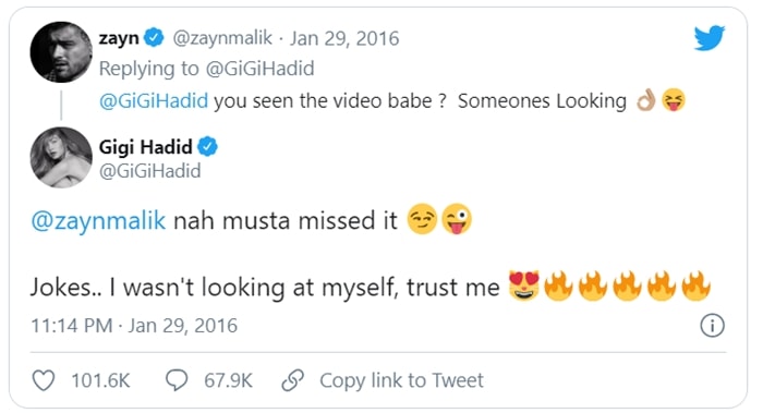 Gigi Hadid and Zayn Malik flirting on Twitter