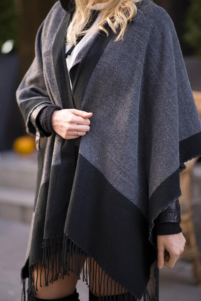 Agnieszka wears a poncho cape shawl