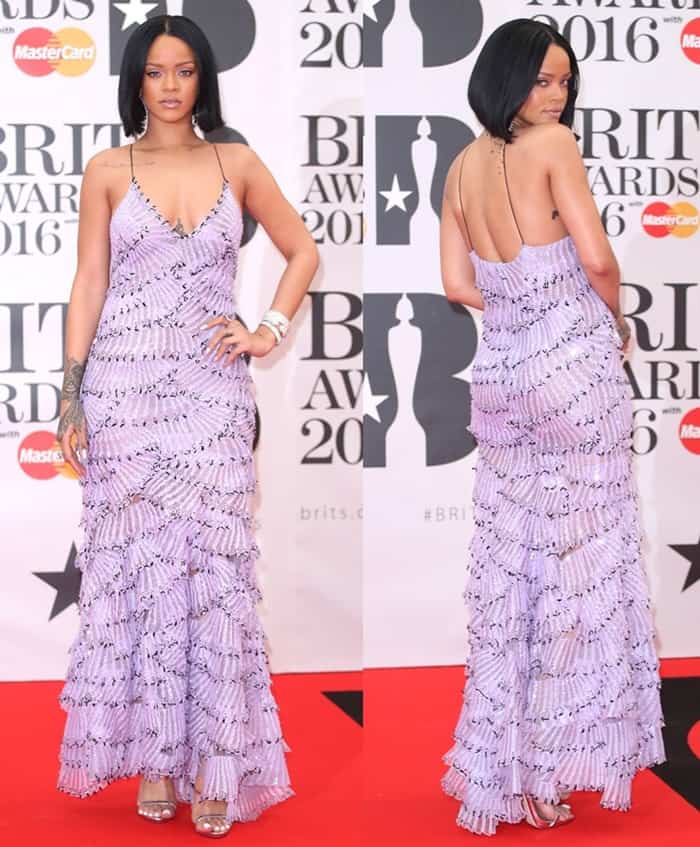Rihanna stunning in a gorgeous lilac Armani Prive Spring 2016 tiered gown featuring delicate spaghetti straps at the BRIT Awards 2016