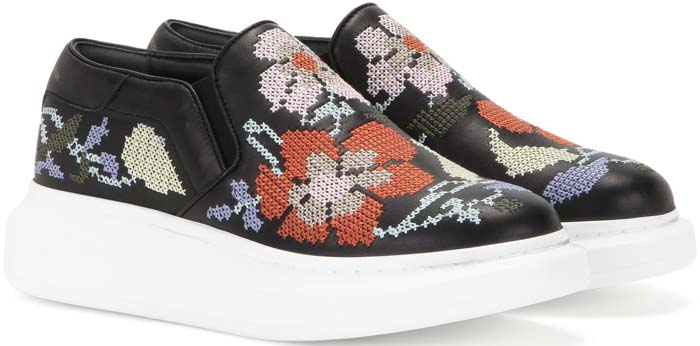 Alexander McQueen Embroidered Slip-On Platform Leather Sneakers