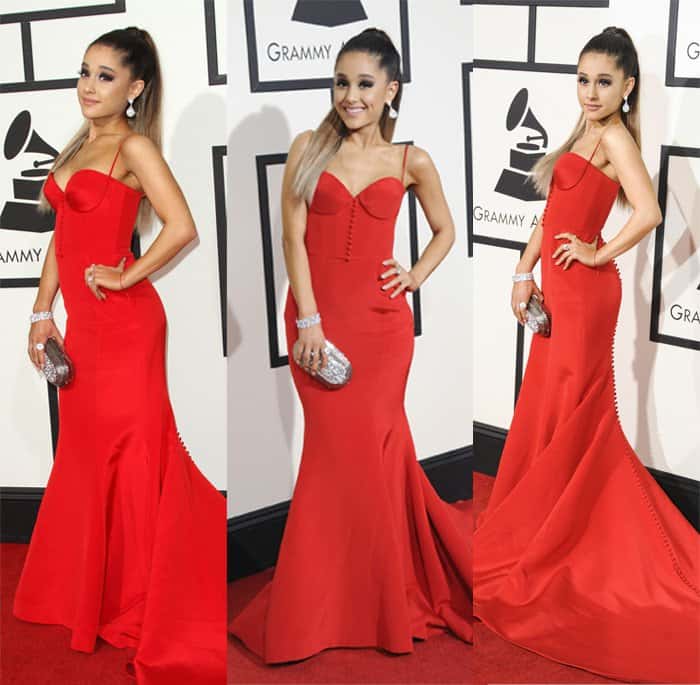Ariana Grande radiates elegance in a red Romona Keveza gown featuring a structured bodice and dramatic mermaid silhouette at the 58th Annual Grammy Awards