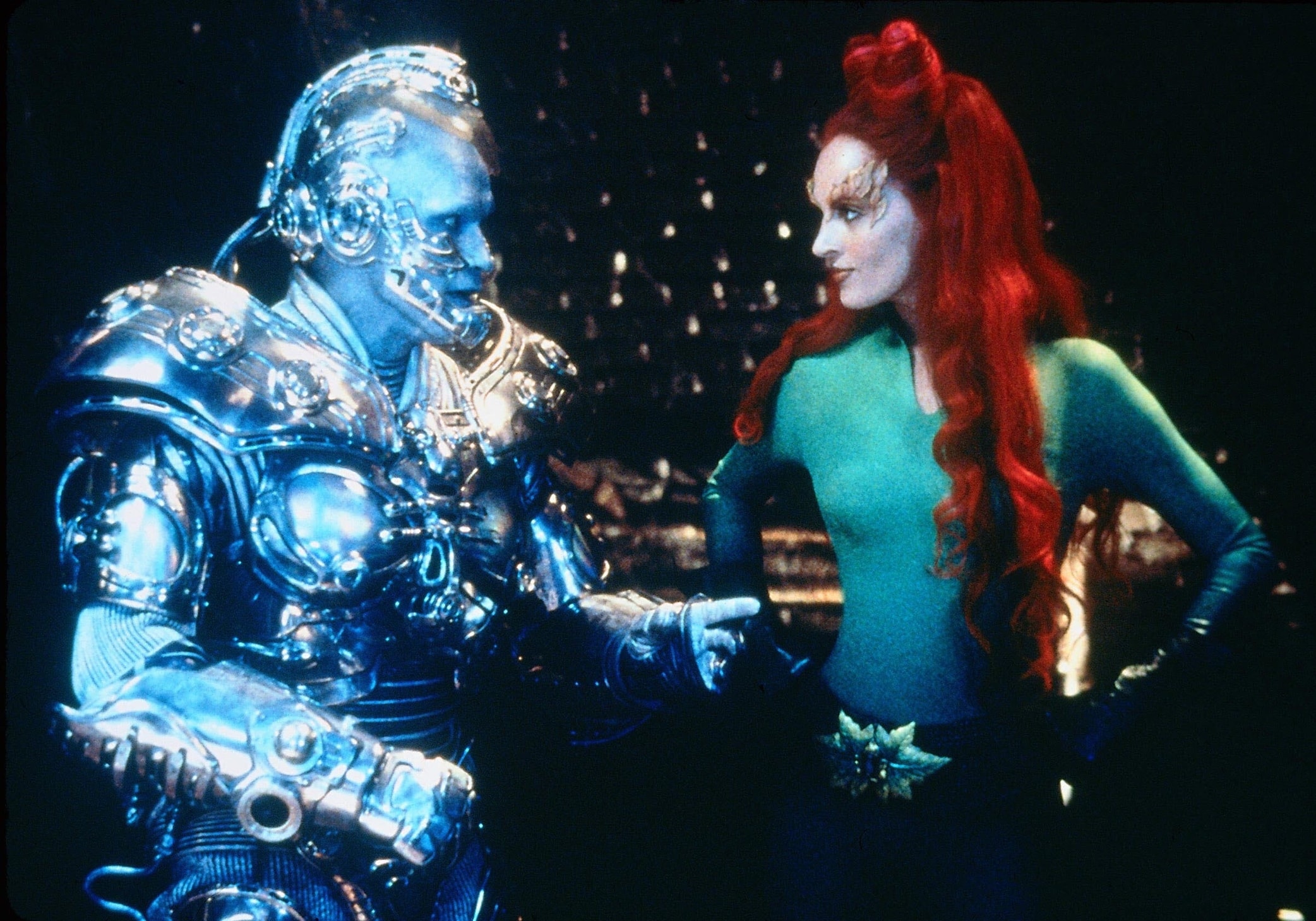 Uma Thurman as Poison Ivy confronts Arnold Schwarzenegger's Mr. Freeze in a scene from the 1997 film Batman & Robin