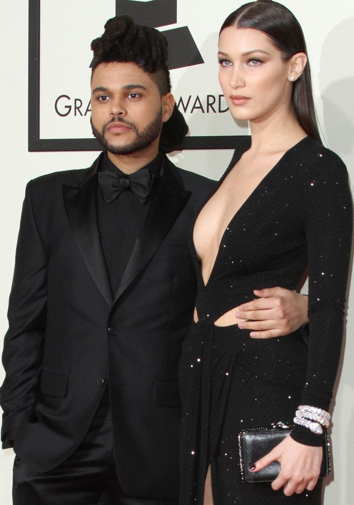 The Weeknd and Bella Hadid wears matching black looks at the 2016 Grammys