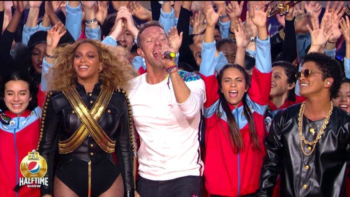 Coldplay, featuring Beyonce and Bruno Mars perform during the halftime show for Super Bowl 50, held at Levi's Stadium in Santa Clara, California. As seen on CBS. Featuring: Beyoncé, Bruno Mars, Chris Martin Where: United States When: 07 Feb 2016 Credit: Supplied by WENN.com **WENN does not claim any ownership including but not limited to Copyright, License in attached material. Fees charged by WENN are for WENN's services only, do not, nor are they intended to, convey to the user any ownership of Copyright, License in material. By publishing this material you expressly agree to indemnify, to hold WENN, its directors, shareholders, employees harmless from any loss, claims, damages, demands, expenses (including legal fees), any causes of action, allegation against WENN arising out of, connected in any way with publication of the material.**