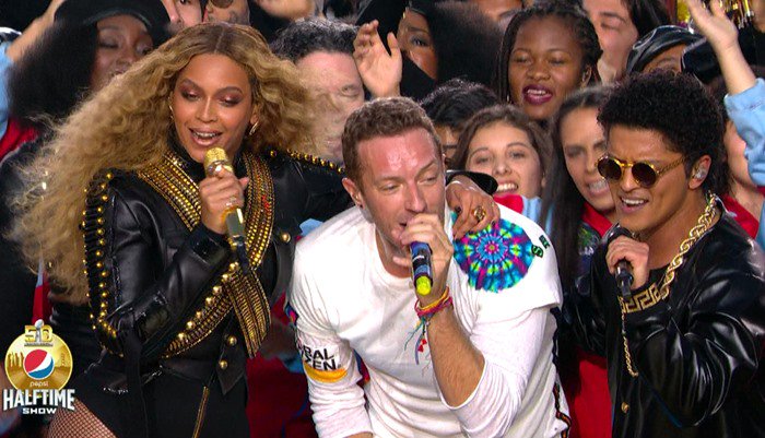 Coldplay, featuring Beyonce and Bruno Mars perform during the halftime show for Super Bowl 50, held at Levi's Stadium in Santa Clara, California. As seen on CBS. Featuring: Beyoncé, Bruno Mars, Chris Martin Where: United States When: 07 Feb 2016 Credit: Supplied by WENN.com **WENN does not claim any ownership including but not limited to Copyright, License in attached material. Fees charged by WENN are for WENN's services only, do not, nor are they intended to, convey to the user any ownership of Copyright, License in material. By publishing this material you expressly agree to indemnify, to hold WENN, its directors, shareholders, employees harmless from any loss, claims, damages, demands, expenses (including legal fees), any causes of action, allegation against WENN arising out of, connected in any way with publication of the material.**