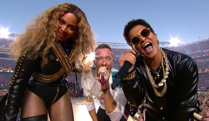 Coldplay, featuring Beyonce and Bruno Mars perform during the halftime show for Super Bowl 50, held at Levi's Stadium in Santa Clara, California. As seen on CBS. Featuring: Beyoncé, Bruno Mars, Chris Martin Where: United States When: 07 Feb 2016 Credit: Supplied by WENN.com **WENN does not claim any ownership including but not limited to Copyright, License in attached material. Fees charged by WENN are for WENN's services only, do not, nor are they intended to, convey to the user any ownership of Copyright, License in material. By publishing this material you expressly agree to indemnify, to hold WENN, its directors, shareholders, employees harmless from any loss, claims, damages, demands, expenses (including legal fees), any causes of action, allegation against WENN arising out of, connected in any way with publication of the material.**