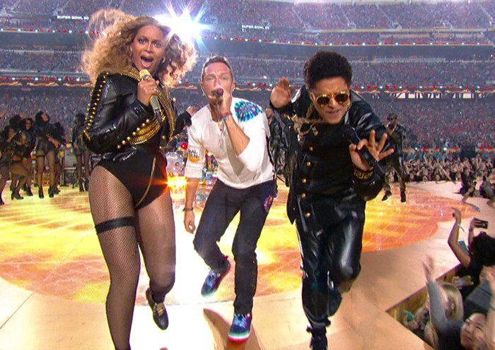 Coldplay, featuring Beyonce and Bruno Mars perform during the halftime show for Super Bowl 50, held at Levi's Stadium in Santa Clara, California. As seen on CBS. Featuring: Beyoncé, Bruno Mars, Chris Martin Where: United States When: 07 Feb 2016 Credit: Supplied by WENN.com **WENN does not claim any ownership including but not limited to Copyright, License in attached material. Fees charged by WENN are for WENN's services only, do not, nor are they intended to, convey to the user any ownership of Copyright, License in material. By publishing this material you expressly agree to indemnify, to hold WENN, its directors, shareholders, employees harmless from any loss, claims, damages, demands, expenses (including legal fees), any causes of action, allegation against WENN arising out of, connected in any way with publication of the material.**