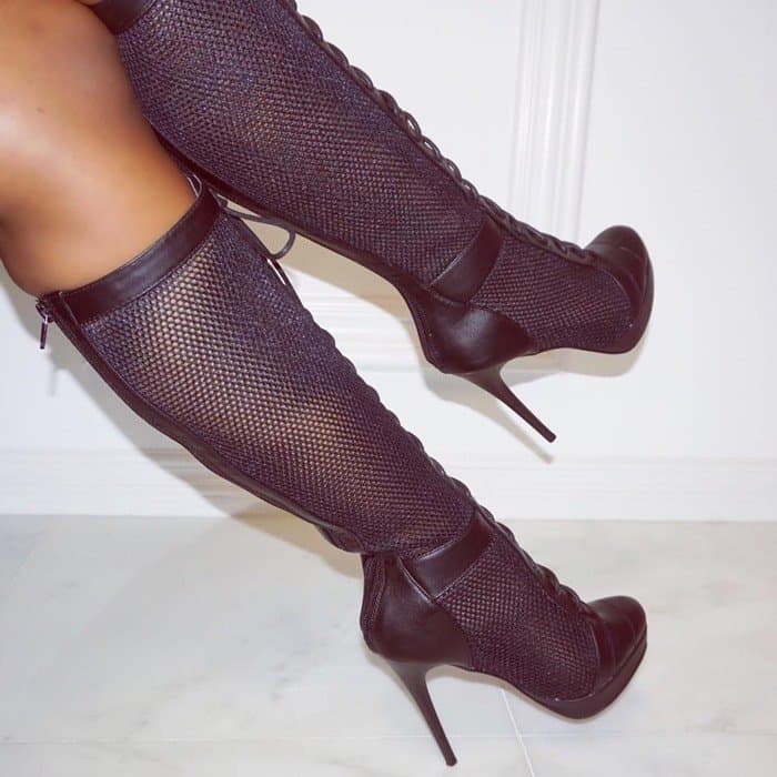 Black Netted Lace Up High Heel Boots Faux Leather