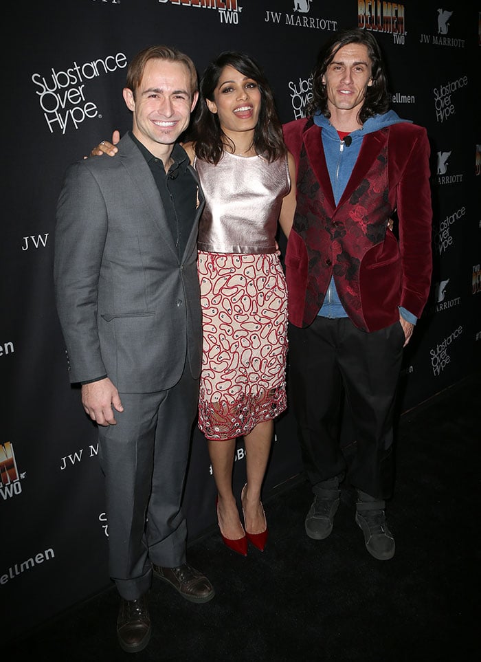 Actors Caine Sinclair, Freida Pinto, and William Spencer arrive at the world premiere of the short film "Two Bellmen Two"