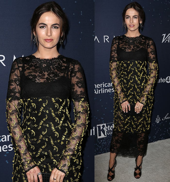 Camilla Belle wears a sheer embroidered Monique Lhuillier dress to the Unite4:Humanity event