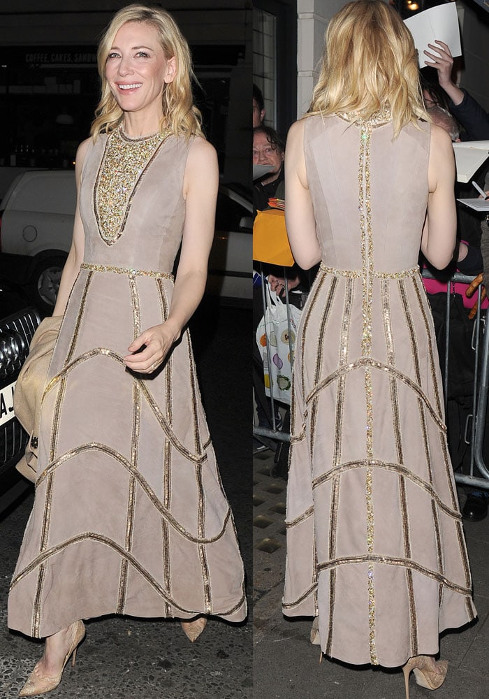 Cate Blanchett wears a beaded Aouadi dress to a pre-BAFTAs dinner